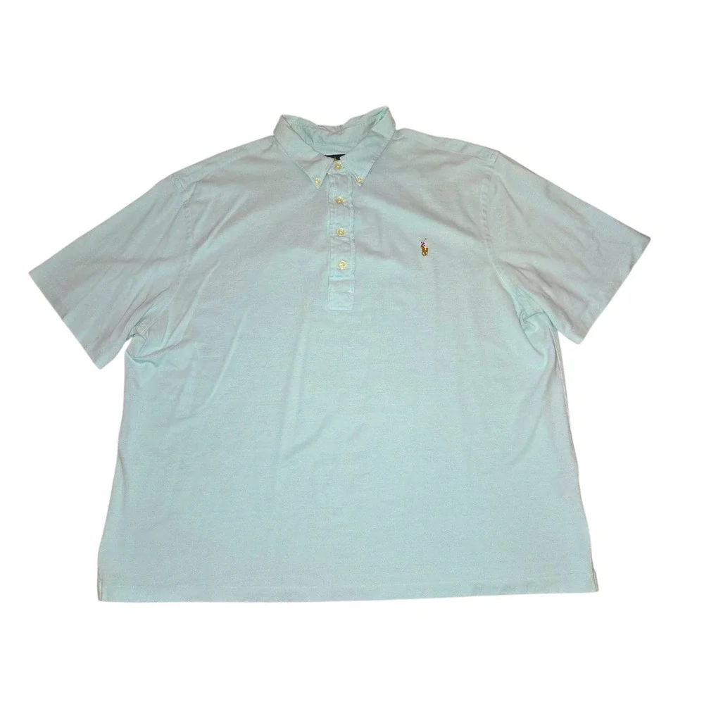 Ralph Lauren Polo Shirt Mens 2XB Light Blue Knit Oxford Short‎ Sleeve Pony Logo